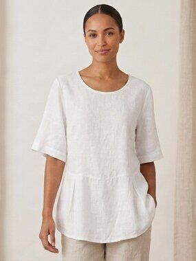 Eva Tralala Women Size S 100% Linen White Scoop Neck Pleat Side Zip Top Boho